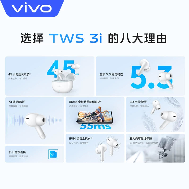 Vivo TWS 3i Original True Wireless Bluetooth Headset 45H Long Battery Life AI Call Noise Reduction In-ear Music